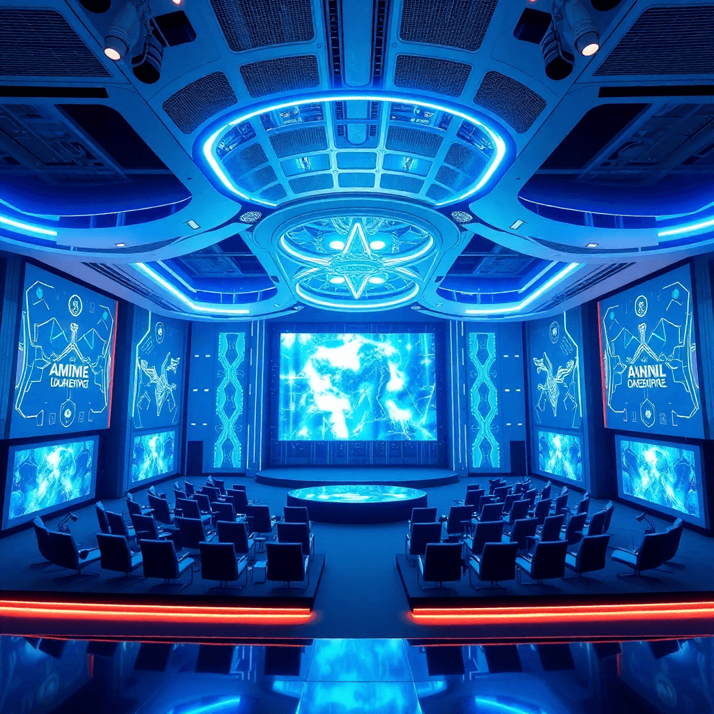 futuristic tech workspace with coding screens and digital elements, dark blue gradient