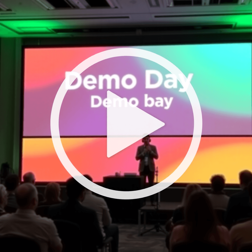 video thumbnail of demo day presentation with play button overlay, professional tech event setup