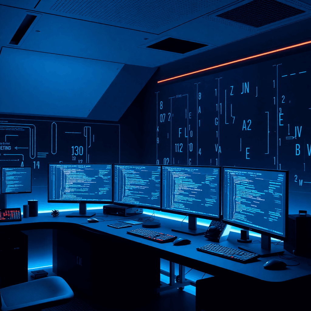 futuristic tech workspace with coding screens and digital elements, dark blue gradient